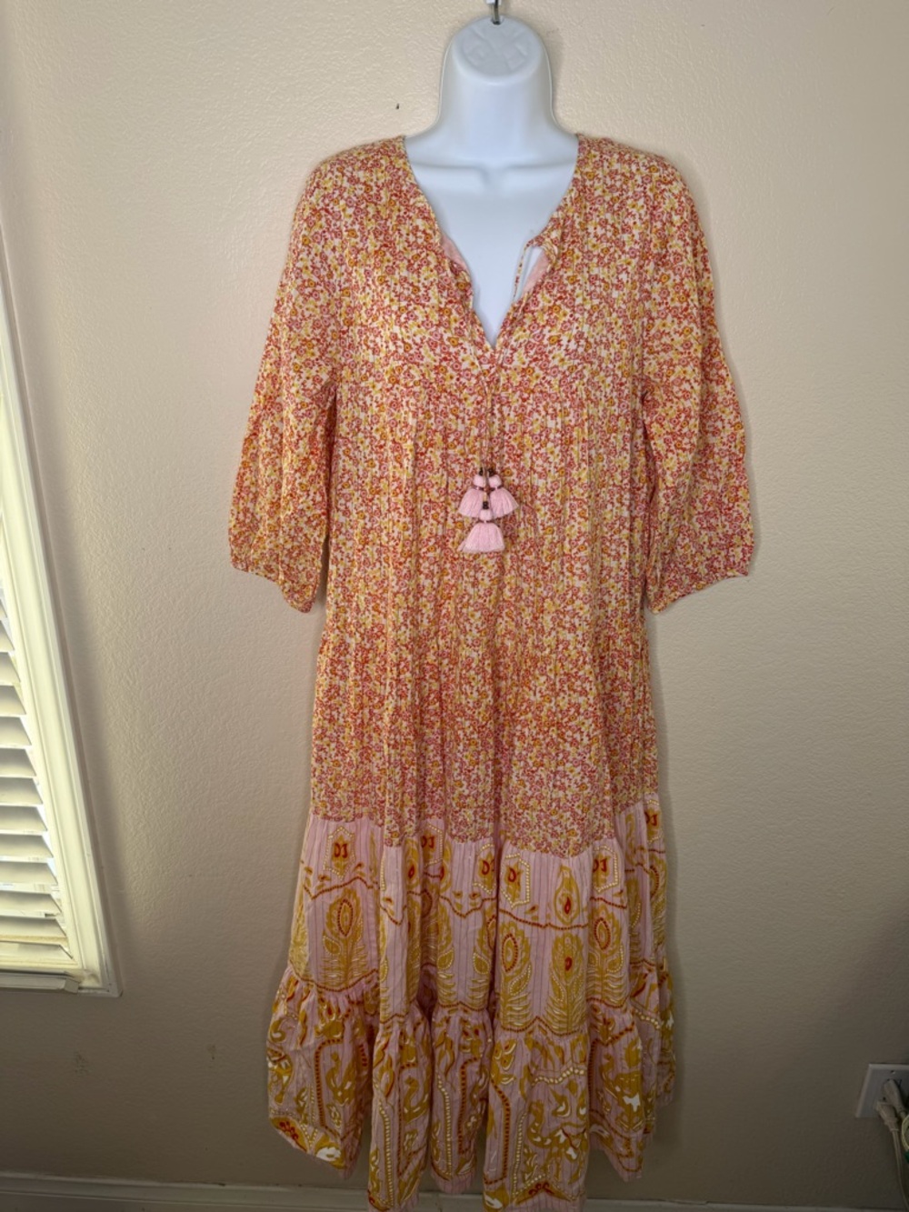 Pink Chicken Womens Small Pink yelloq Indira Dress Tiered Pleated Cotton Maxi